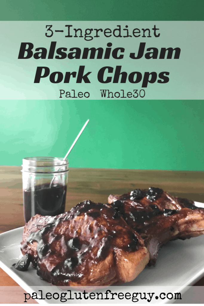 pork chops with a balsamic jam sauce on a white platter