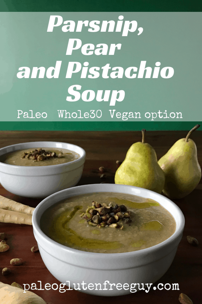 Parsnip, Pear and Pistachio soup in a white bowl