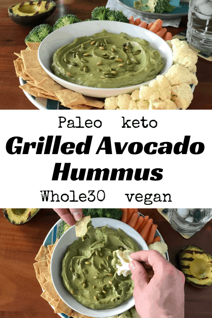 Two images of Grilled Avocado Hummus in a white bowl surrounded by crackers and veggies