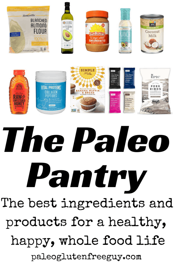 Paleo pantry products lined up with a white background.