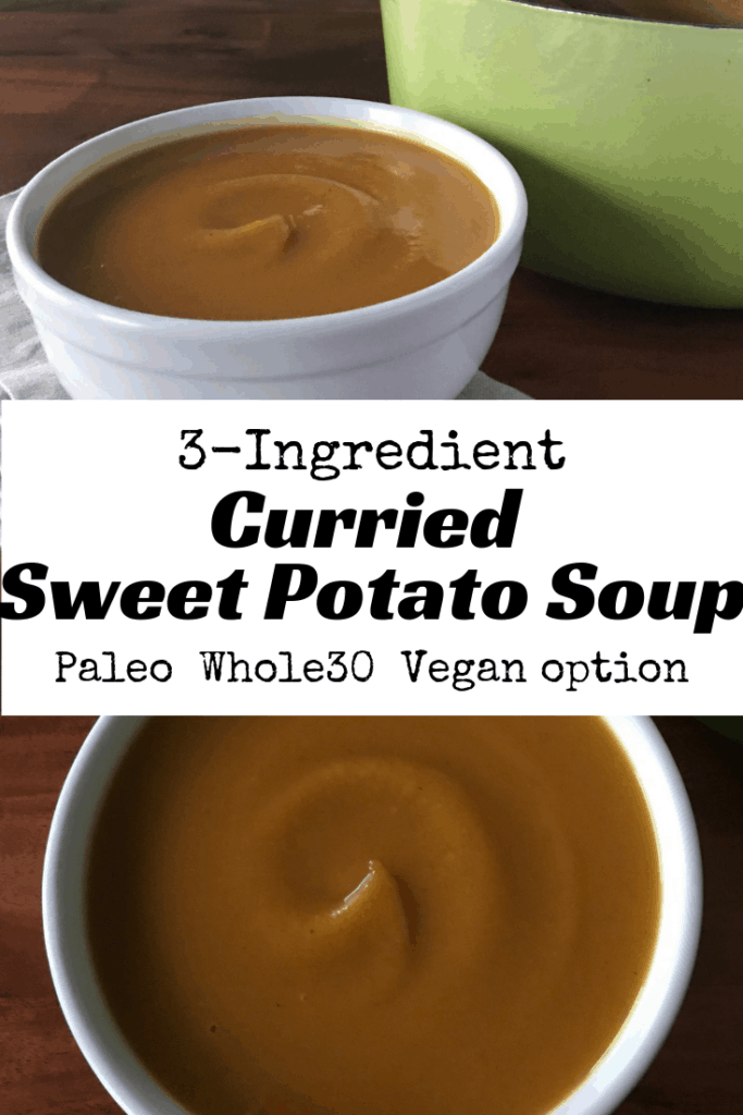 2 images of 3-Ingredient Curried Sweet Potato Soup in a white bowl on a wooden table