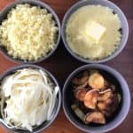 4 bowls of parsnips on a wooden table: parsnip rice, mashed parsnips, parsnip noodles and roasted parsnips