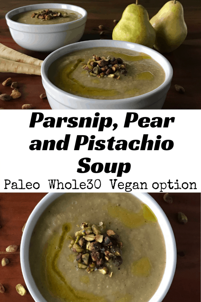 2 images of Parsnip, Pear and Pistachio Soup in white bowls on a wooden table surrounded by pistachios