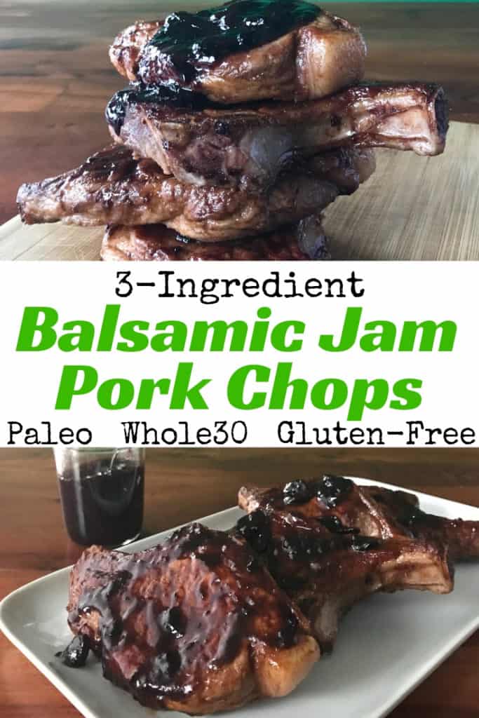 2 images of 3-Ingredient Balsamic Jam Pork Chops on a wooden table