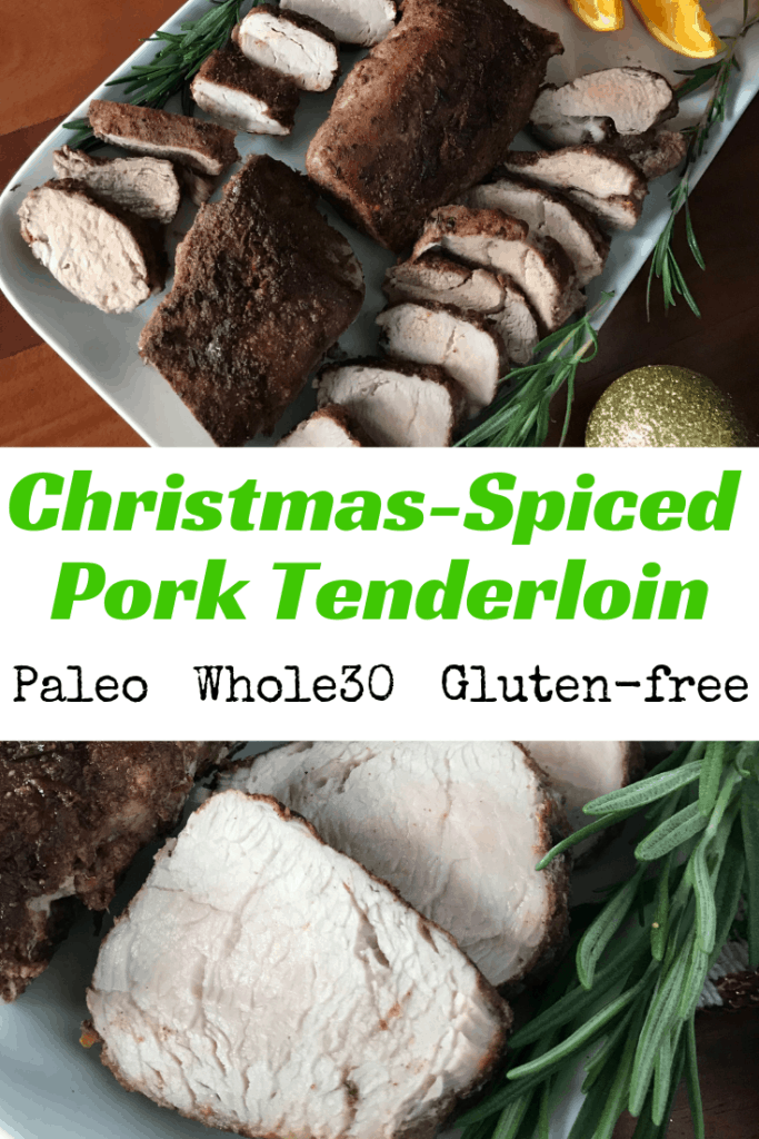 2 images of Christmas-Spiced Pork Tenderloin on a white platter with rosemary