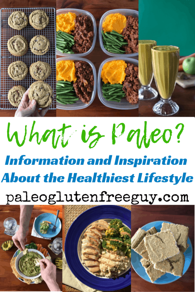 6 images of Paleo dishes above and below the text "What is Paleo? Information and Inspiration about the healthiest lifestyle," paleoglutenfreeguy.com