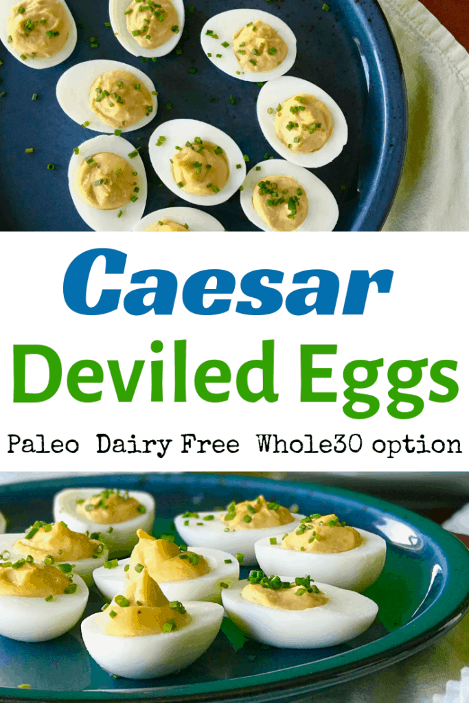 2 images of Caesar Deviled Eggs on a blue platter and blue plate, on a green napkin on a wooden table