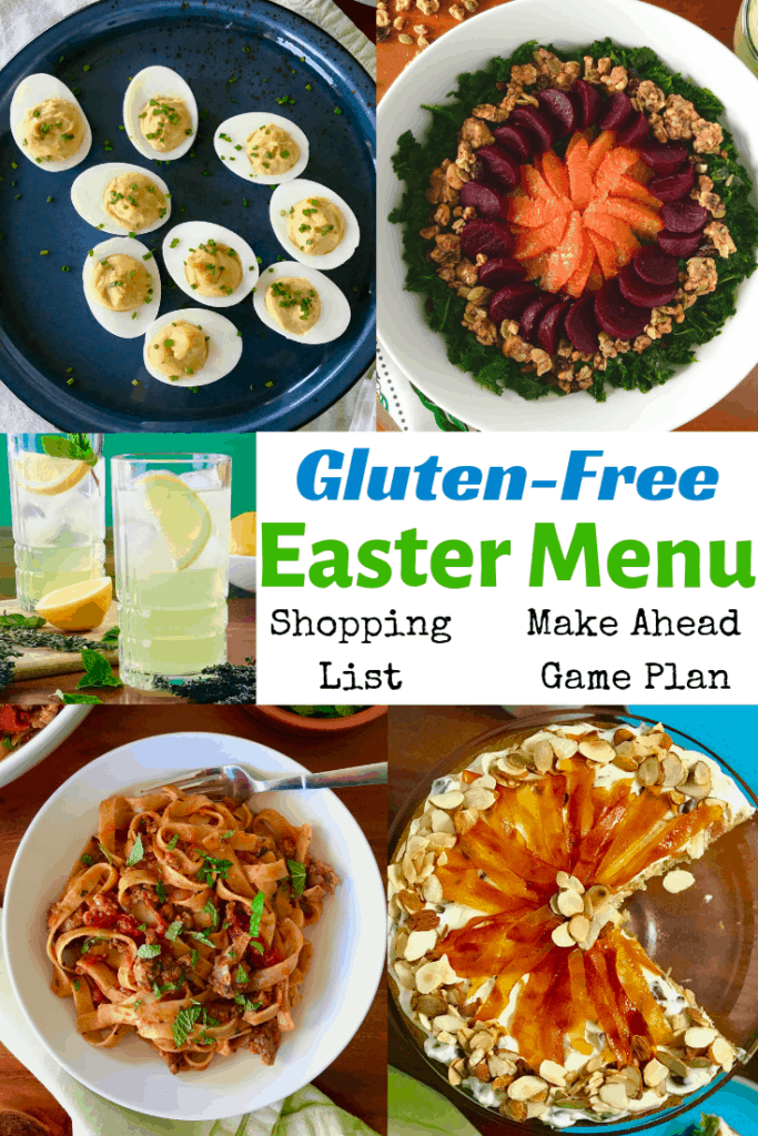 5 images of dishes for a Gluten-Free Easter Menu: deviled eggs, salad, a limoncello cocktail, lamb ragu with pasta noodles, and a cake topped with candied citrus peel and sliced almonds