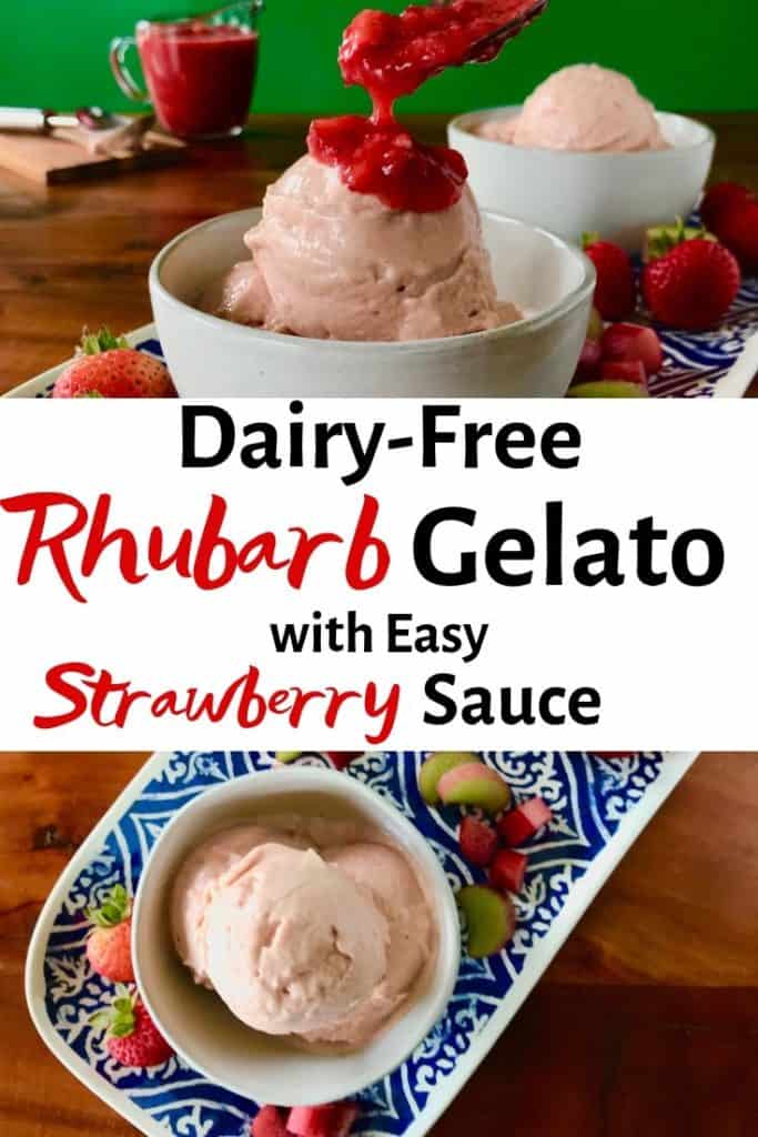 2 images of Dairy-Free Rhubarb Gelato with Easy Strawberry Sauce in white bowls on a blue platter with scattered strawberries and rhubarb pieces on a wooden table