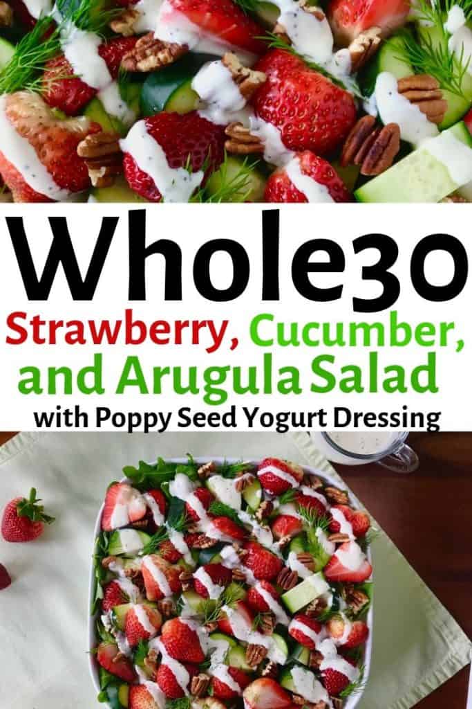 2 images of Strawberry, Cucumber and Arugula Salad with Poppy Seed Yogurt Dressing in a white square bowl on a green napkin on a wooden table
