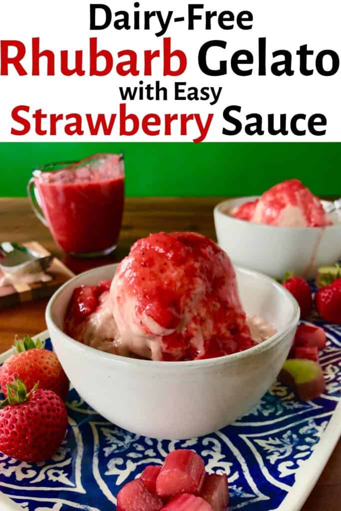 Dairy-Free Rhubarb Gelato in 2 white bowls with Easy Strawberry Sauce poured on top, on a blue and white platter on a wooden table with more sauce and an ice cream scoop in the background