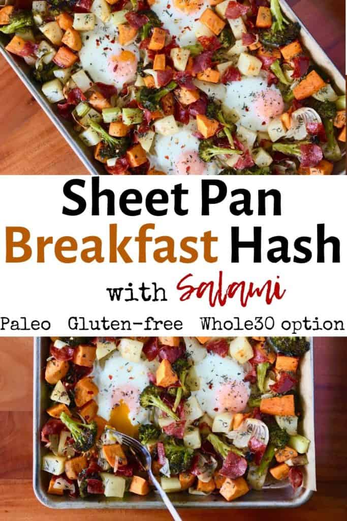 2 images of Sheet Pan Breakfast Hash with Salami on baking sheets on a wooden table