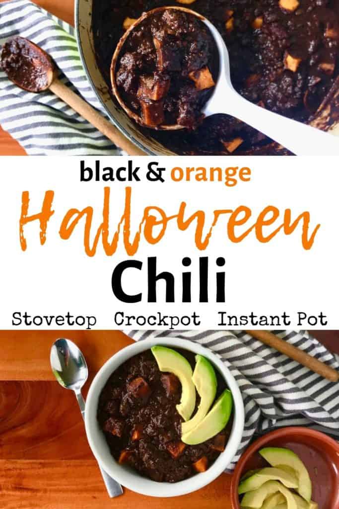 2 images of Halloween Chili in a big green pot and a small white bowl with a striped kitchen towel, wooden spoon, ladle and small bowl of avocado slices