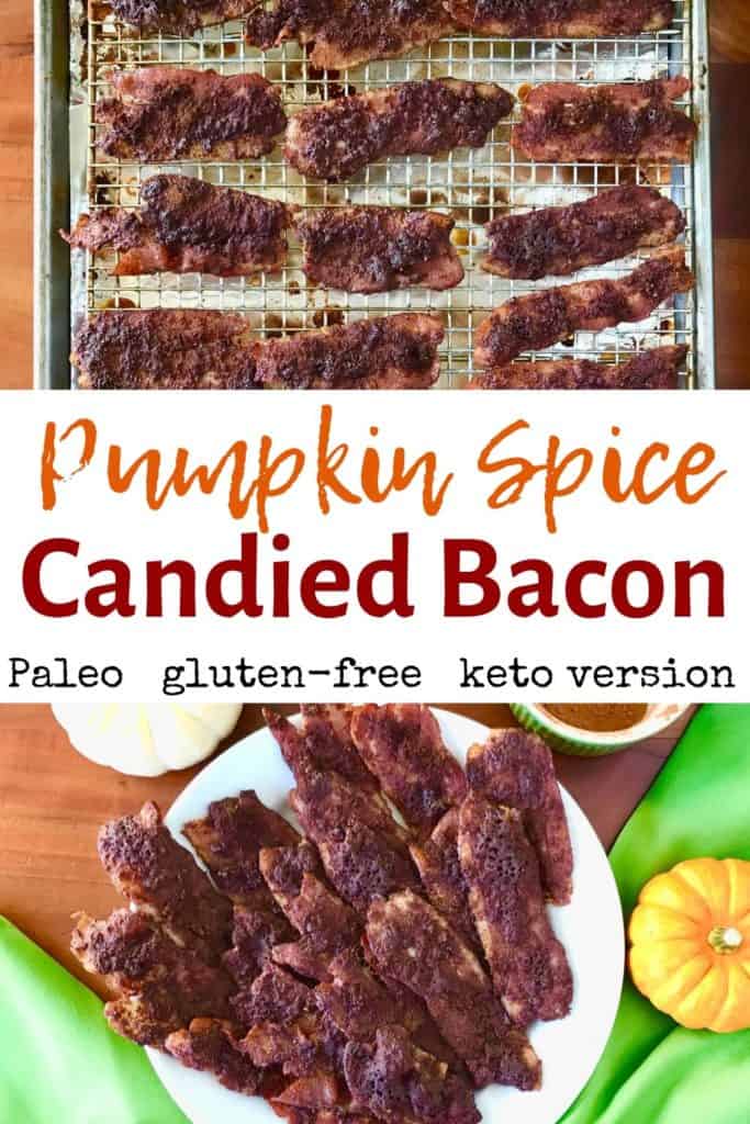 2 images of Pumpkin Spice Candied Bacon, one on a cooking rack on a baking sheet, and one is served as a candied bacon appetizer on a white plate surrounded by green napkins, small pumpkins and a glass full of the bacon