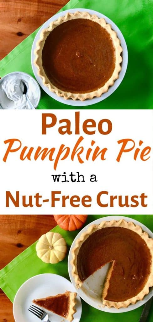 2 images of Paleo Pumpkin Pie on a green napkin on a wooden table