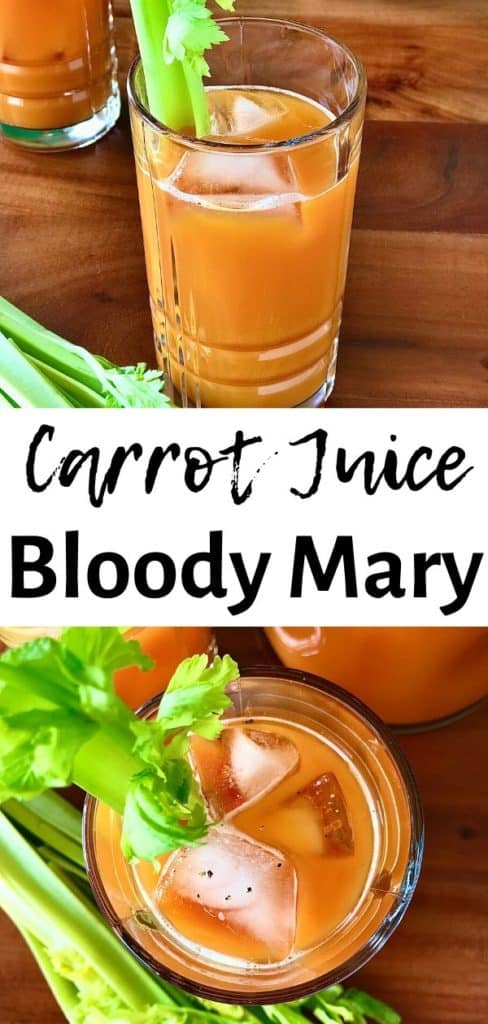 2 images of a carrot juice bloody mary in glasses with ice and celery sticks with a pitcher of it in the background and more celery on the wooden table