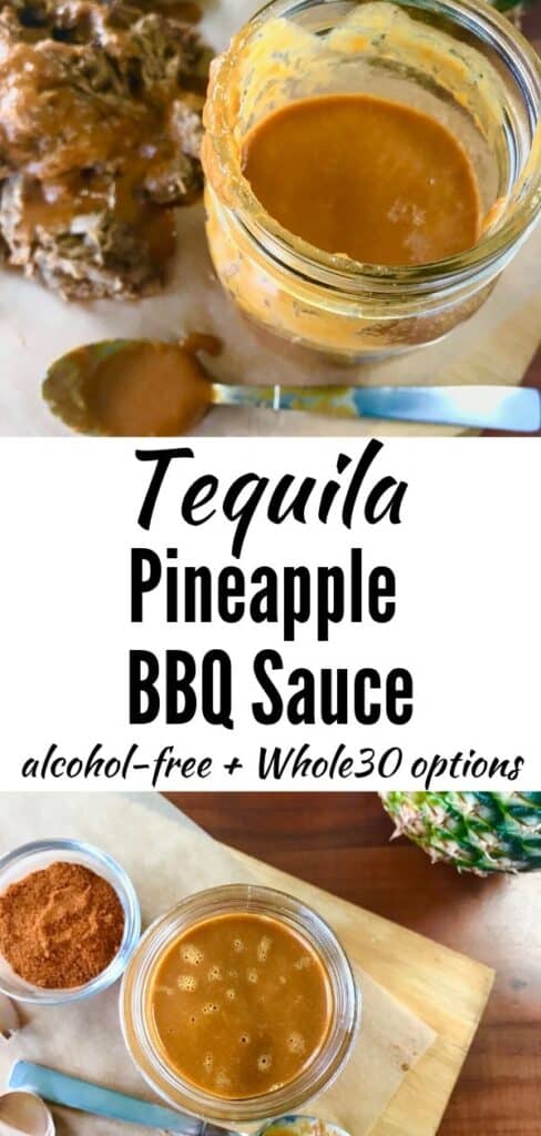 2 images of pineapple barbecue sauce with tequila in a mason jar