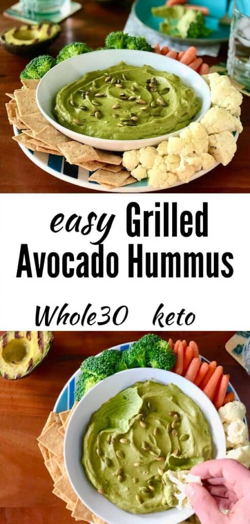 2 images of grilled avocado hummus in a bowl surrounded by veggies and crackers