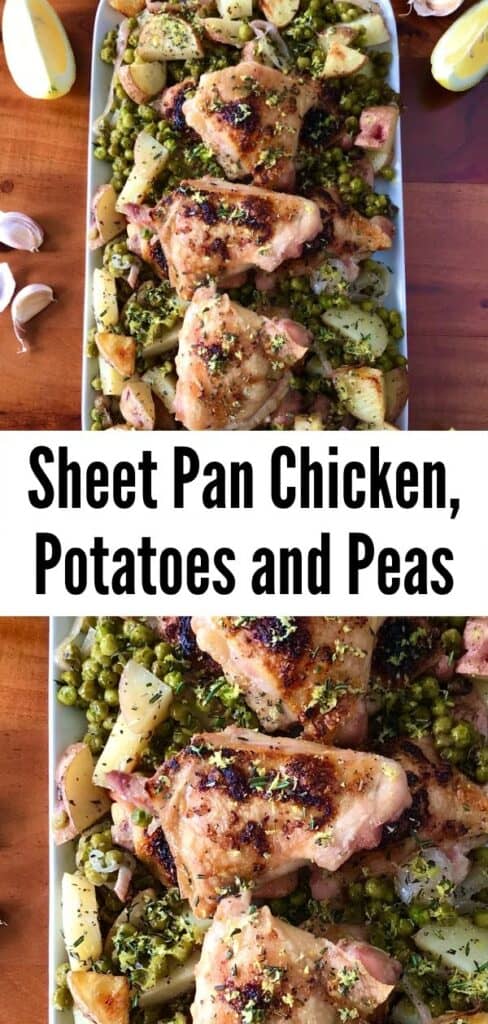 sheet pan chicken with potatoes and peas on a white platter