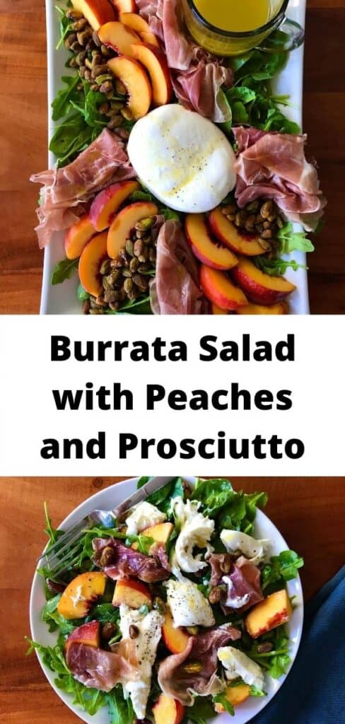 peach salad with burrata, prosciutto and arugula on a white plate and white platter on a wooden table