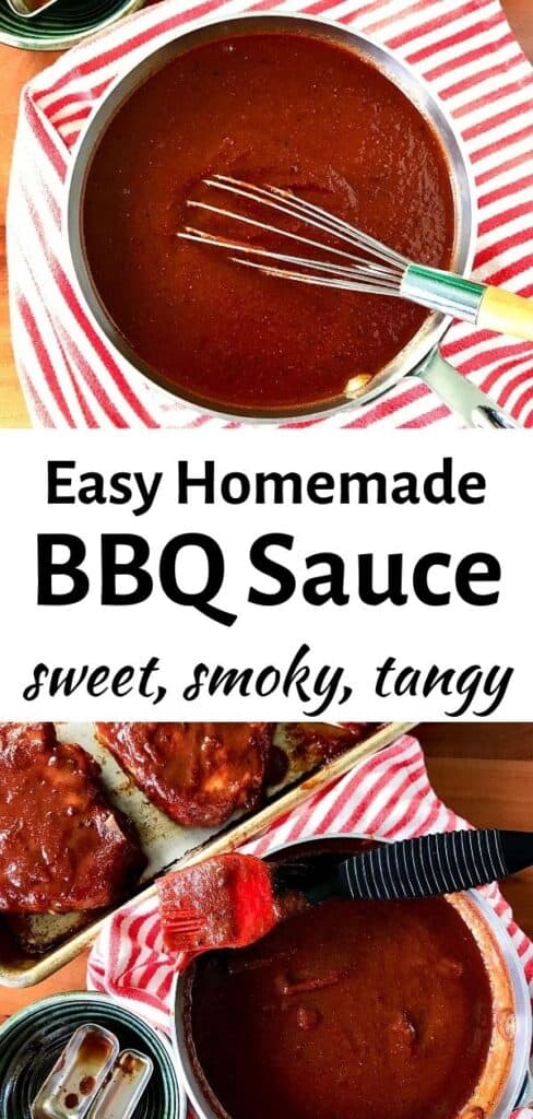 bbq sauce in a pot with a whisk and a brush with a striped red towel underneath