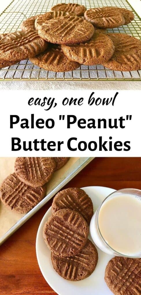 paleo peanut butter cookies on a cooling rack, a baking sheet and a white plate with milk