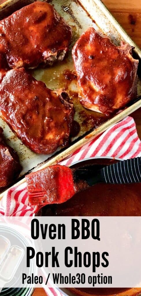 easy bbq pork chops baked in the oven on a baking sheet with a silicone basting brush brushing on more sauce