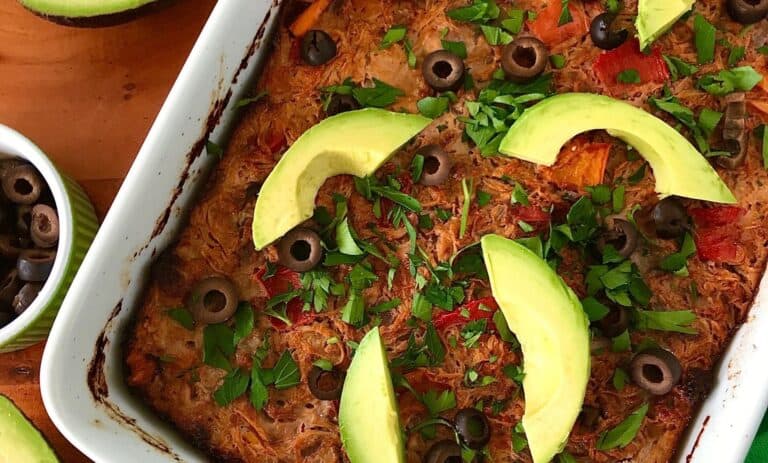 low carb taco casserole in a white baking dish