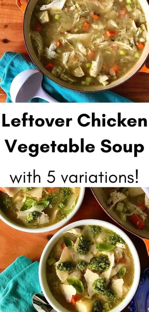 chicken vegetable soup in a big pot with a white ladle and also in white bowls