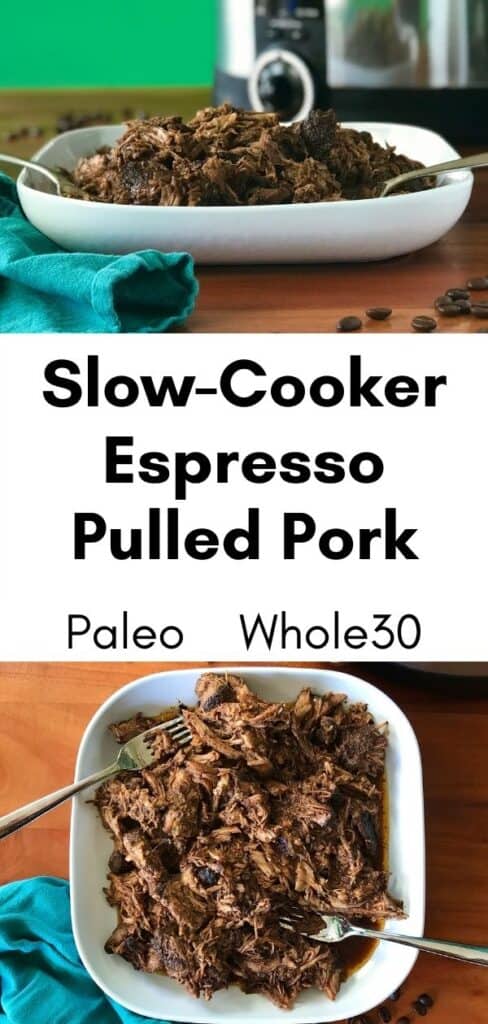 slow cooker pulled pork in a white dish with two forks