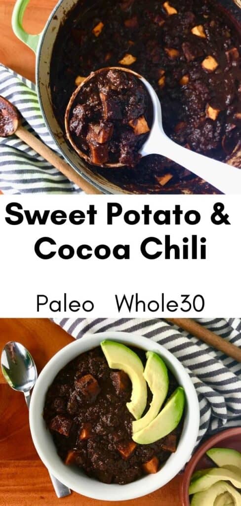 sweet potato chili in a large green pot and a white bowl topped with avocado