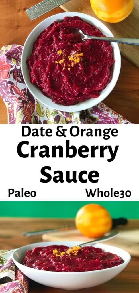date and orange cranberry sauce in a white bowl with a spoon