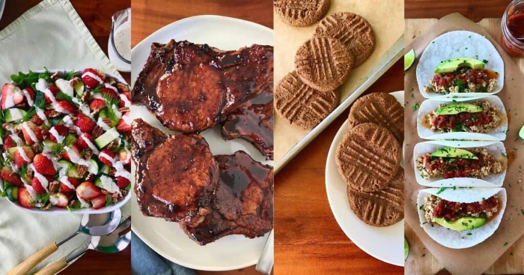 a collage of paleo foods: strawberry salad, pork chops, cookies and tacos