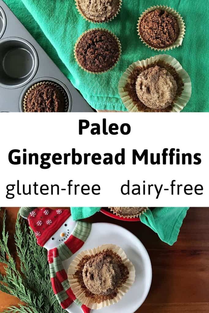 Paleo gingerbread muffins on a green towel and on a white snowman plate