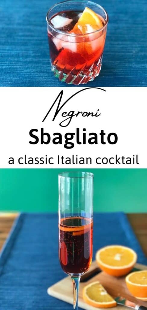 2 images of Negroni Sbagliato on the rocks and in a champagne flute with orange garnishes