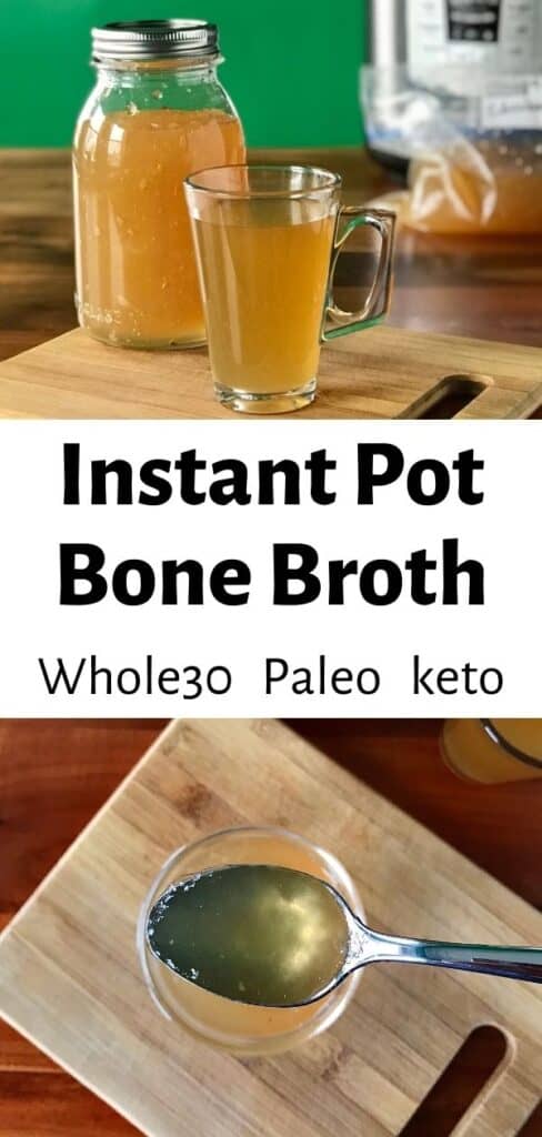2 images of Instant Pot Bone Broth in a clear glass, a glass mason jar and on a spoon over a bowl
