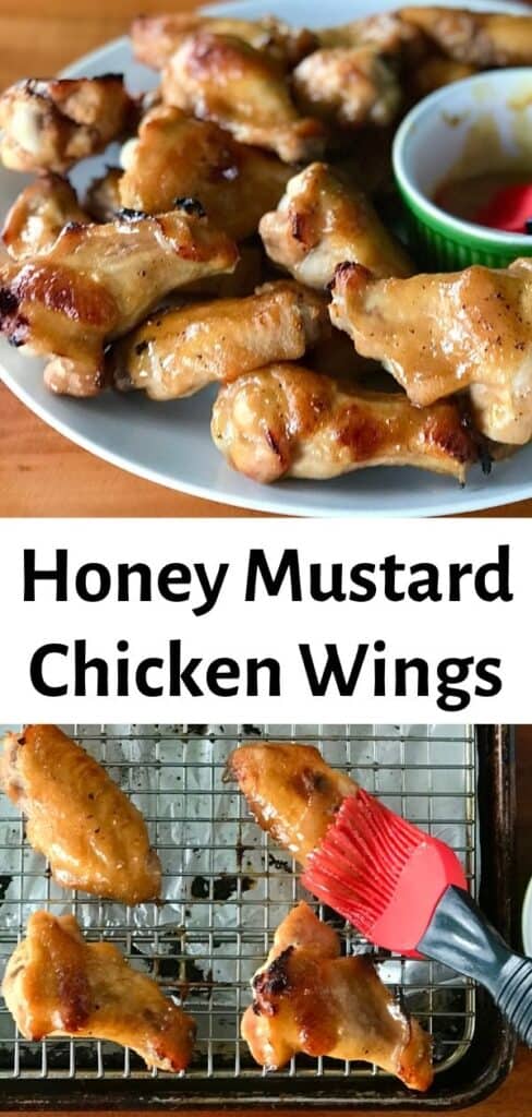 honey mustard chicken wings on a white plate and getting brushed with sauce on a baking sheet