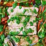 a healthy sheet pan salmon recipe on a wooden table