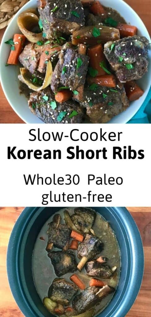 Slow-Cooker Korean Short Ribs in a white bowl and in a crockpot