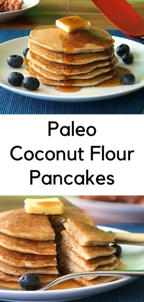 Paleo coconut flour pancakes stacked on a white plate topped with butter, maple syrup and blueberries