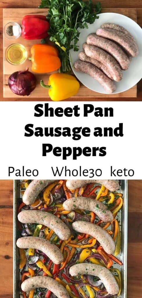 Sheet Pan Sausage and Peppers on a baking sheet on a wooden table