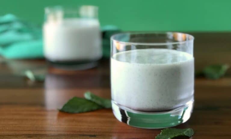 vegan mint shake in glasses on a wooden table with fresh mint leaves