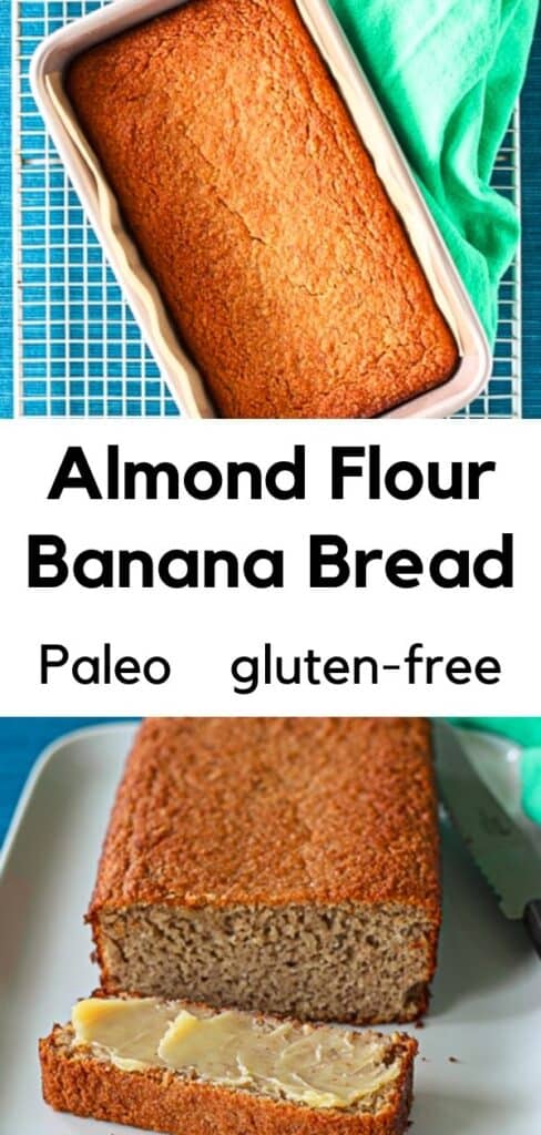 Almond Flour Banana Bread in a metal loaf pan on a cooling rack over a blue table runner, and sliced on a white platter with a serrated knife and a green towel