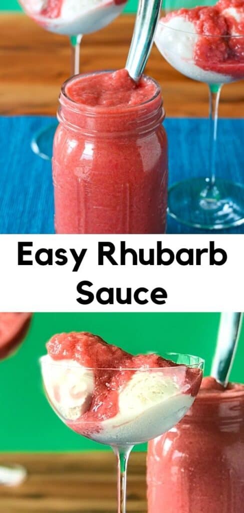 Easy rhubarb sauce in a mason jar with a spoon in it and topping vanilla ice cream in two coupe glasses