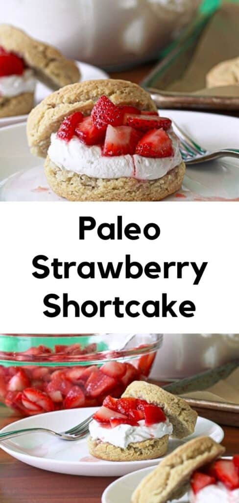 2 images of Paleo strawberry shortcake on white plates with forks on wooden tables