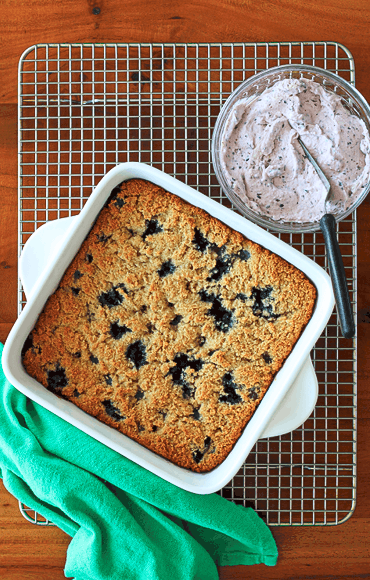 healthy blueberry cake in a white baking dish next to a green towel and a bowl of blueberry frosting, all sitting on a cooling rack on a wooden table