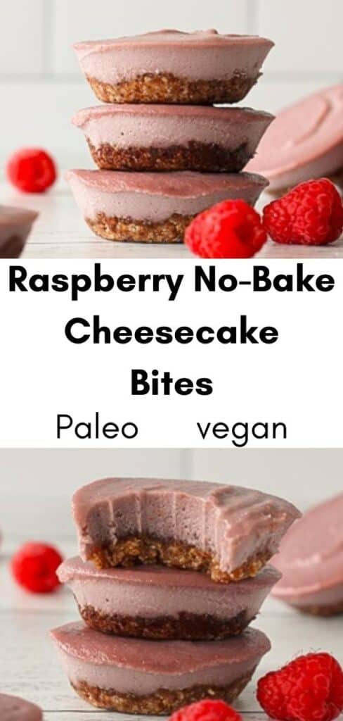 Paleo Raspberry No-Bake Cheesecake Bites stacked on top of each other next to other cheesecake bites and raspberries