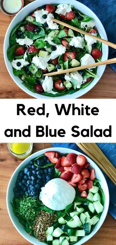 Red, White and Blue Salad with spinach, cucumber, herbs and sunflower seeds in a white bowl next to a mason jar and blue towel on a wooden table