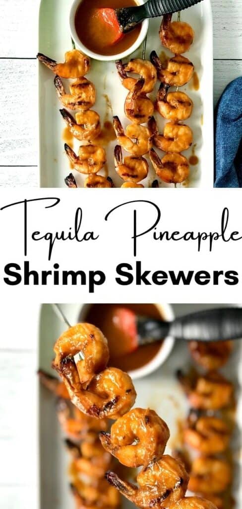 Tequila Pineapple Shrimp Skewers on a long white platter