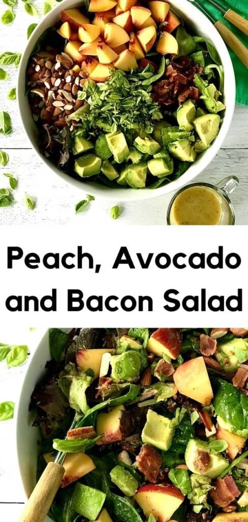 Peach, Avocado and Bacon Salad in a big white bowl with salad tongs